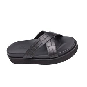 Chamaripa Men Black Leather Croc Embossed Criss Cross Platform Elevator Sandals